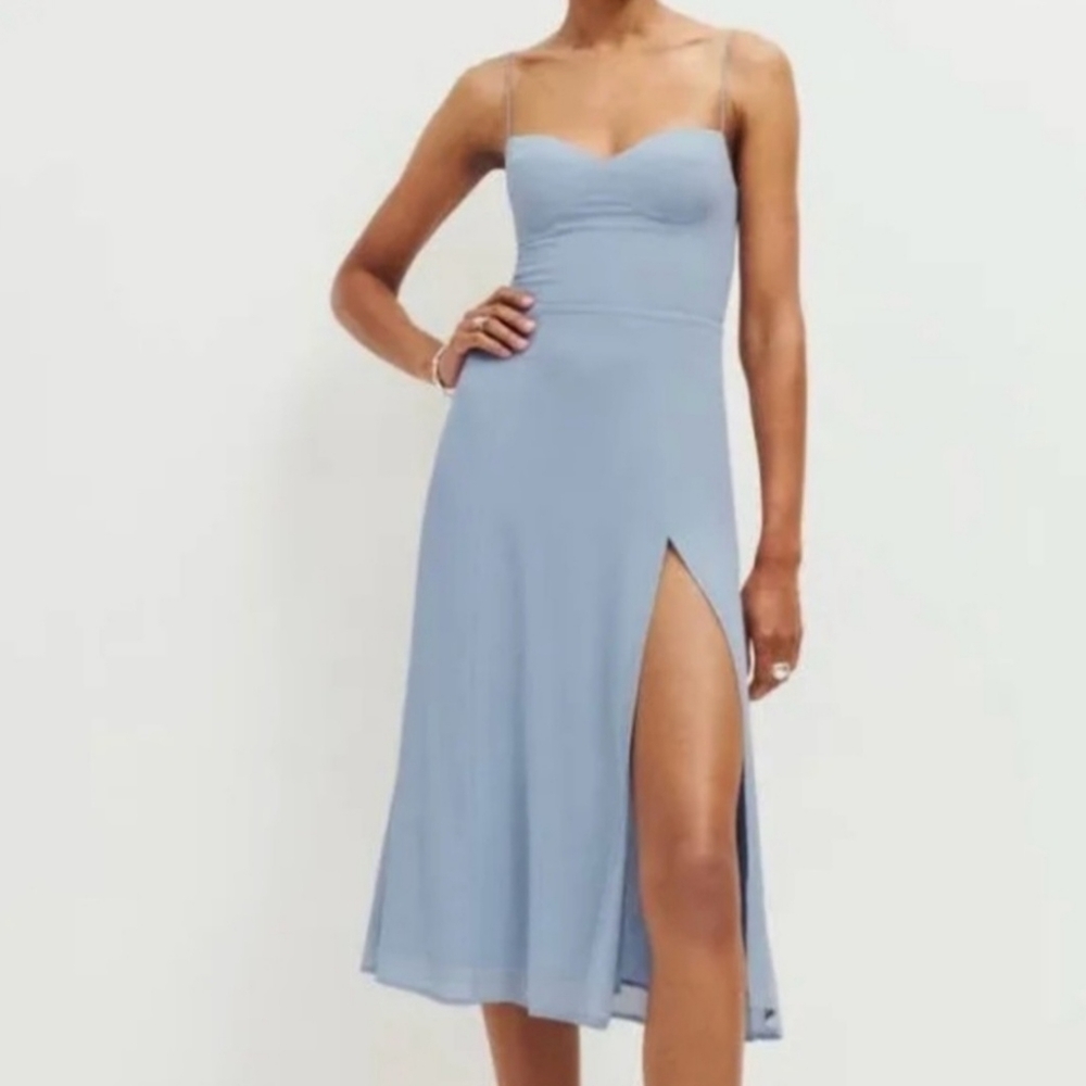 Reformation Women's Midi Sleeveless Juliette Dress Mineral Blue Spaghetti Ties